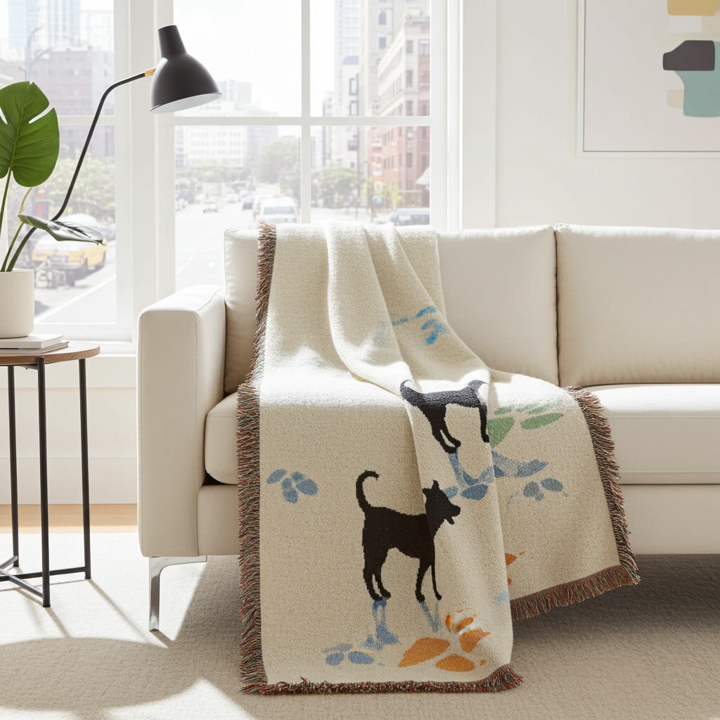 Dog Silhouette Woven Blanket | Fringed Throw